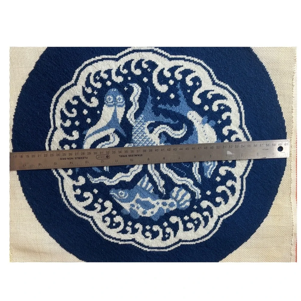 Vintage Hand Stitched Needlepoint Canvas Blue White Koi Fish Medallion